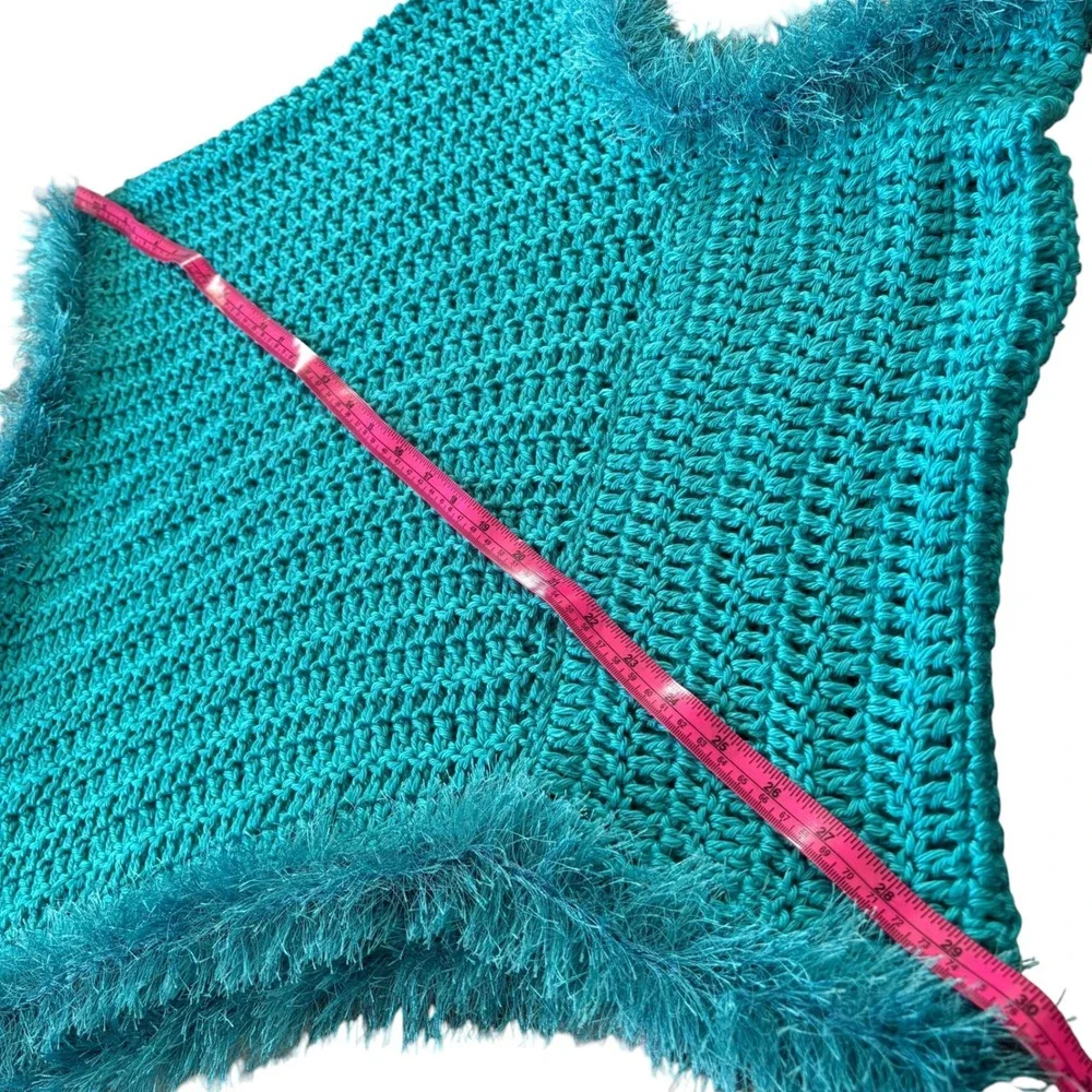 Handmade Teal Crochet Poncho Eyelash Fringe Trim Boho Open Knit Wrap Whimsigoth